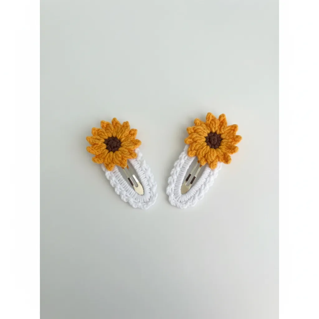 Handmade Yellow Sunflower White Crochet Snap Hair Clip (Pair)