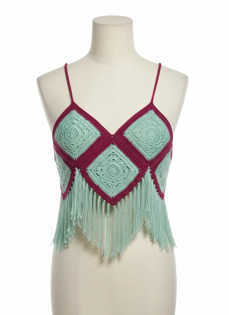 Fuşya ve Açık Mavi Renkli El Örgüsü Crop Top Bluz - Püsküllü