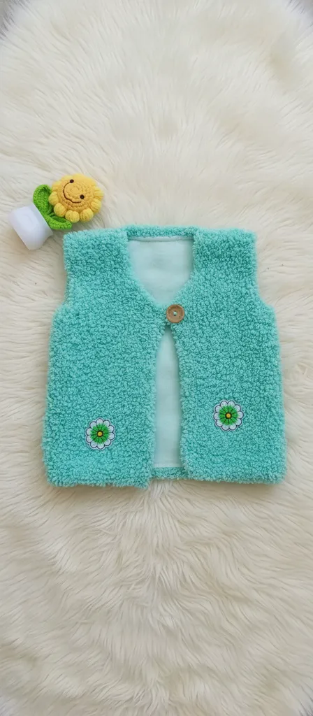 El Örgüsü Turkuaz Renkli Çiçek Desenli 1 Yaş Bebek Yeleği
