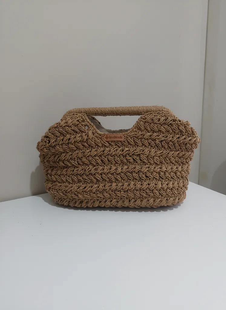 Kahverengi Kağıt İp Örgü Omuz Çantası - El Emeği Şık Tasarım