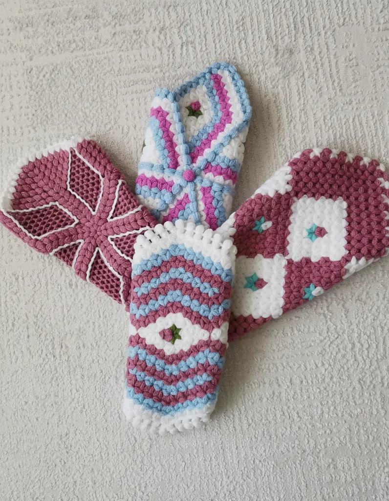 Gül Kurusu ve Mavi Tonlarında El Örgüsü Lif Seti (4 Adet)