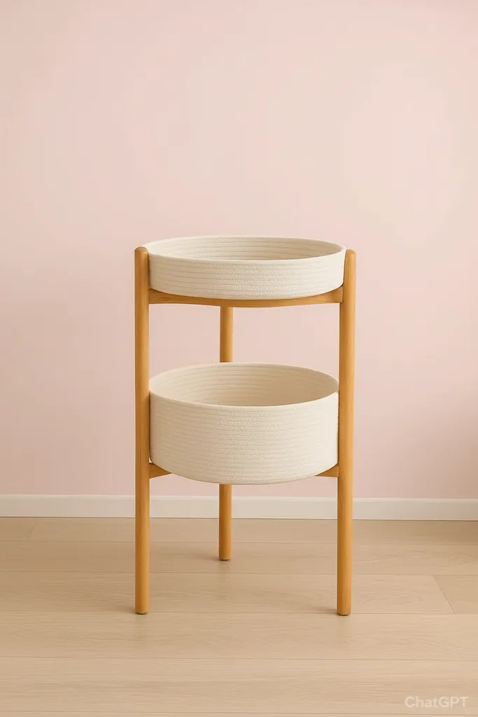 Ahşap Ayaklı İki Katlı Tress İp Sepet Standı - Organizer