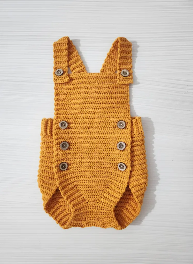 Hardal Sarı Düğmeli Örgü Bebek Tulumu (3-6 Aylık) - El Emeği