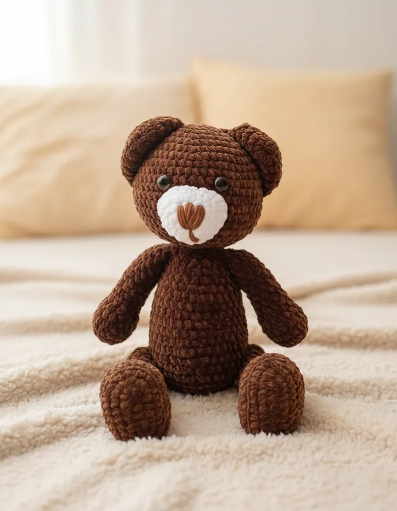 Kahverengi Kadife İpten Örme Amigurumi Oyuncak Ayıcık Bebek