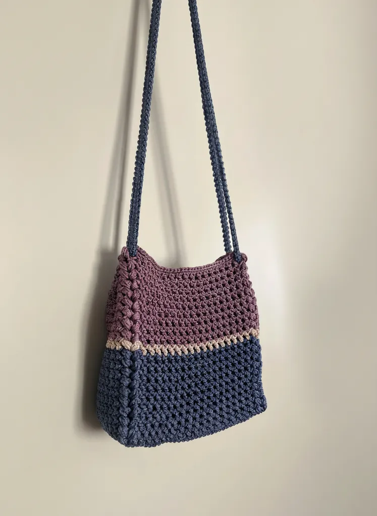 Macrame Knitted Shoulder Bag - Purple and Navy Blue Two-Tone Handmade