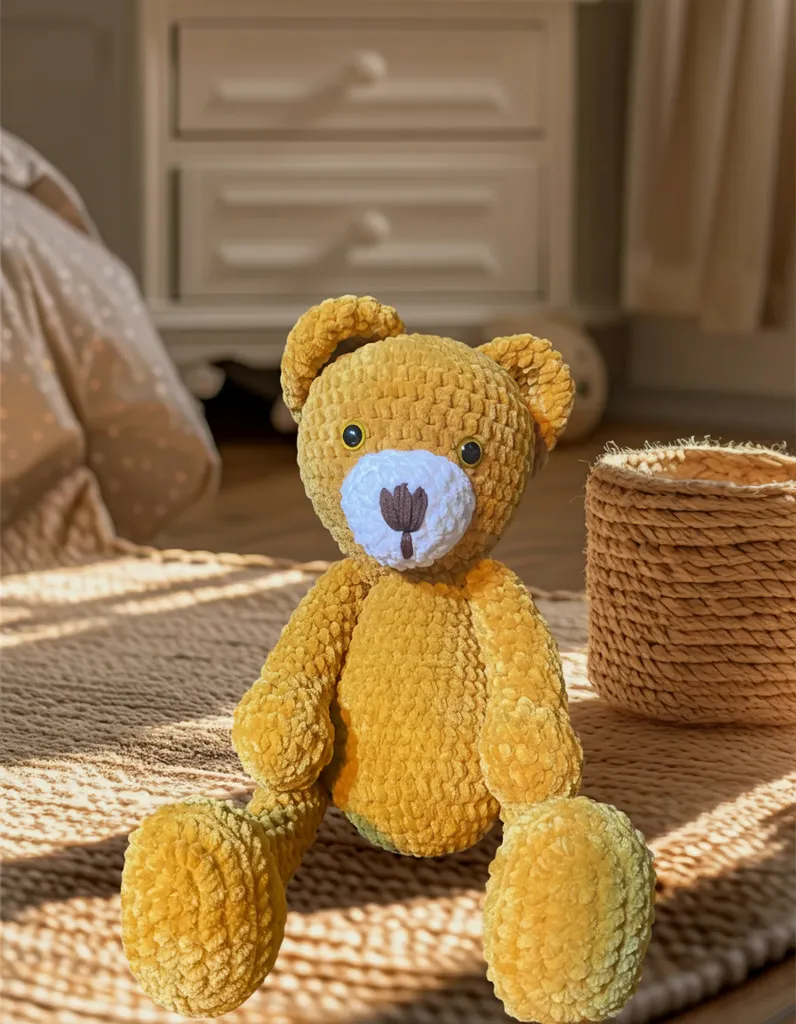 Hardal Renk Kadife İpten Örme Oyuncak Ayıcık - Yumuşacık ve Sevimli