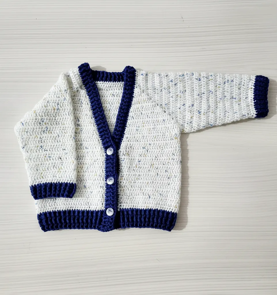 Knitted Baby Cardigan - 0-1 Year Old, Cream and Navy Blue Detailed, Handmade