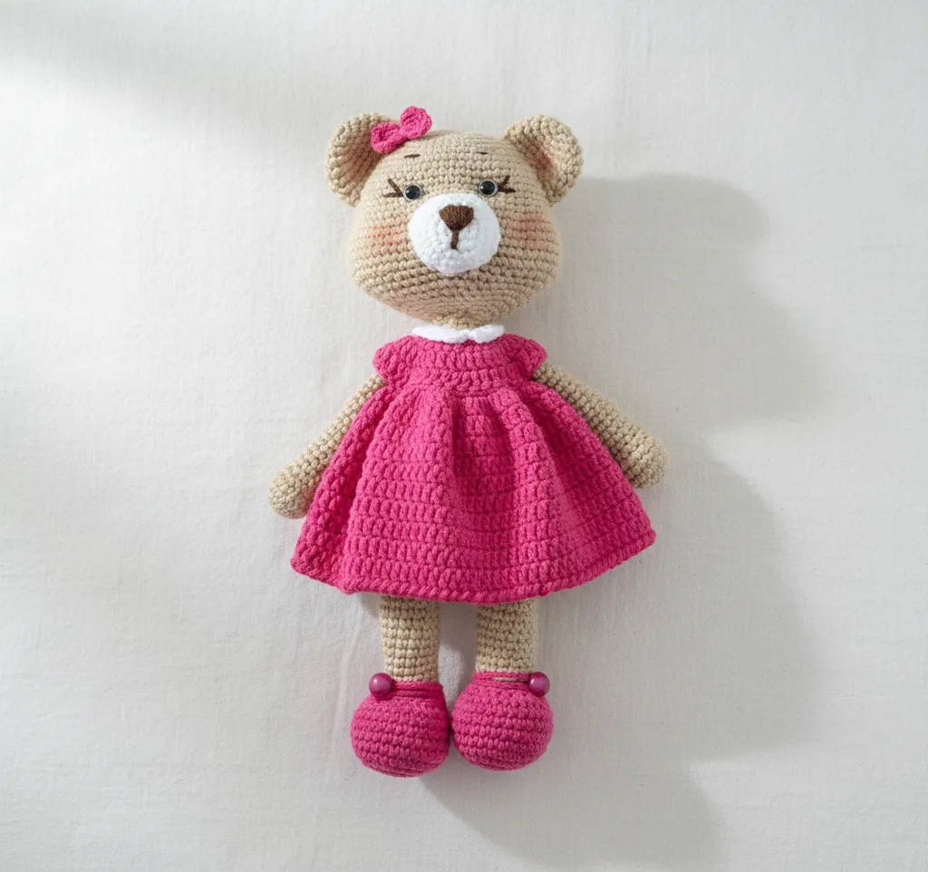 Pembe Elbiseli Örgü Ayıcık Bebek Oyuncak - Amigurumi Bebek - El Emeği