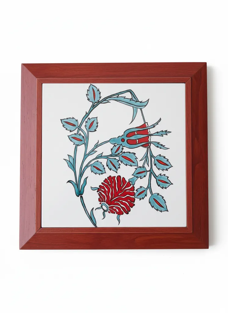 Ahşap Çerçeveli Goncagül Desenli El Yapımı Çini Tablo (27x27 cm)
