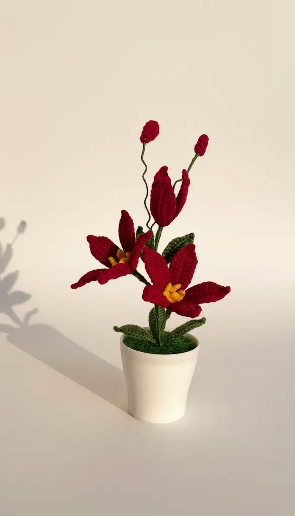 Red Knitted Lily Flower in Pot Decorative Home and Office Accessory