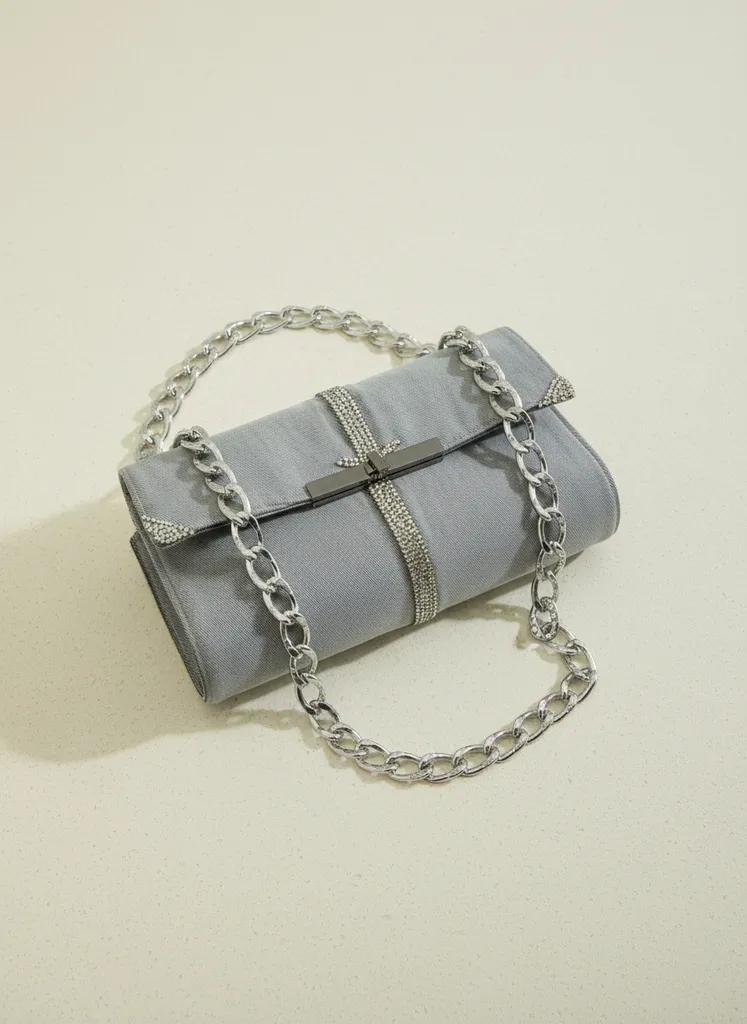 Denim Kol Çantası, Zincir Askılı, Taş Detaylı, Şık ve Spor 26x13x10 cm