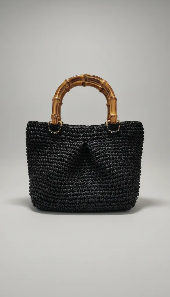 Siyah Örgü Omuz Çantası - Bambu Saplı Şık Tasarım El Emeği
