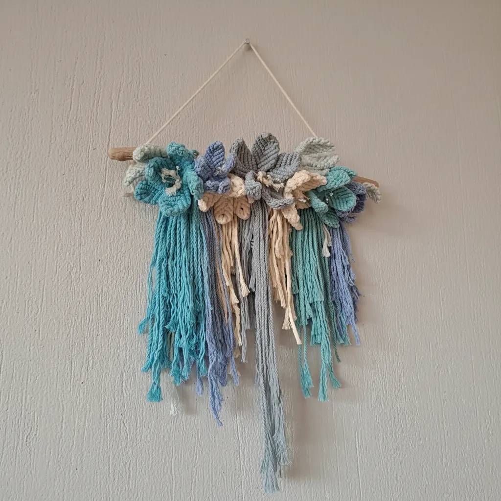Makrome Çiçekli Duvar Süsü - Lodos Dalı ve Pamuk İpliği ile El Emeği