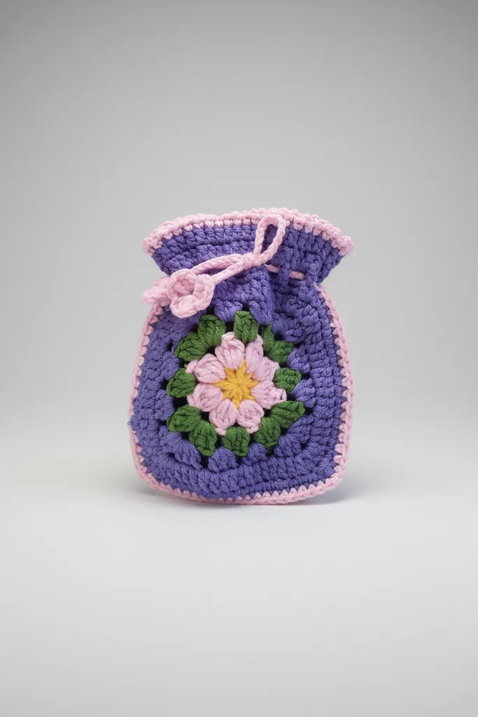 Mor ve Pembe Renkli Çiçek Desenli Örgü İpli Büzgülü Para Kesesi