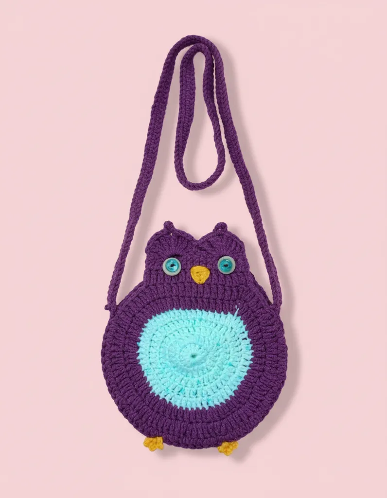Örgü Mor Baykuş Çocuk Çantası - Yandan Askılı, El Yapımı