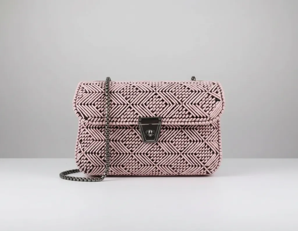 Pembe Makrome Örgü Omuz Çantası - Zincir Askılı, El Emeği