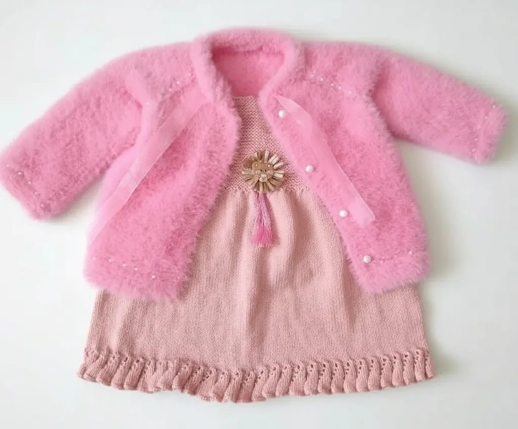 Pembe Örgü Bebek Elbise ve Bolero Takımı - El Emeği