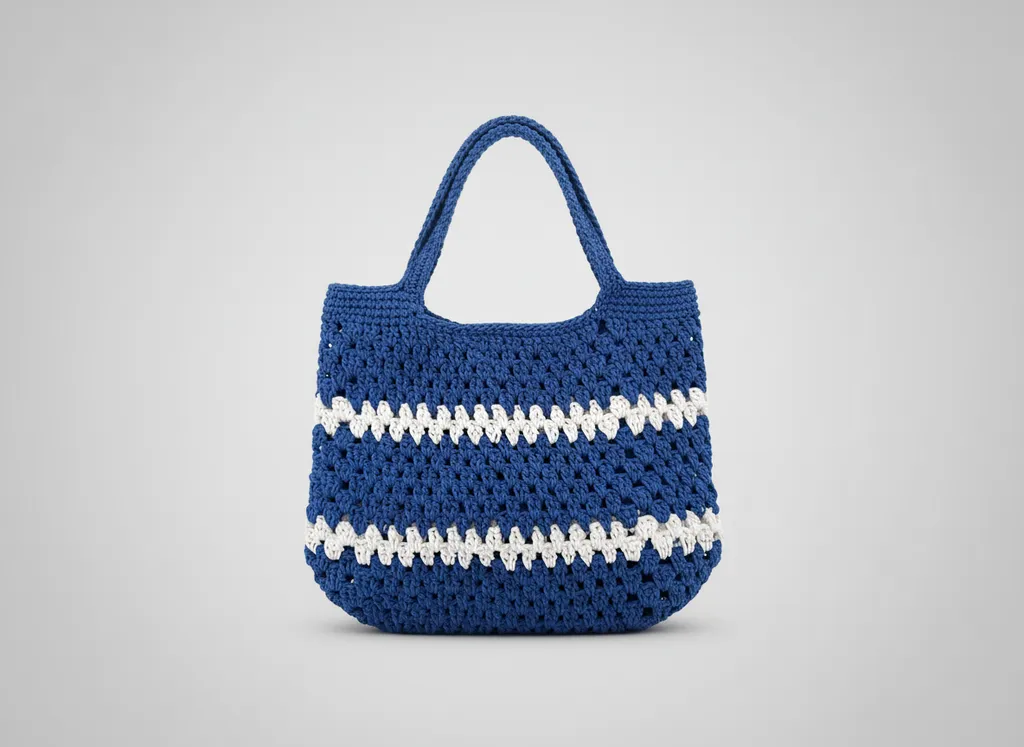 Mavi ve Beyaz Makrome İpten Örme Kol Çantası - El Emeği