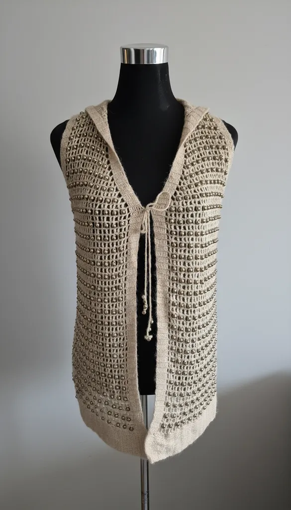 Bej Renkli Boncuk Detaylı Örgü Yelek - Şık ve Trend Model