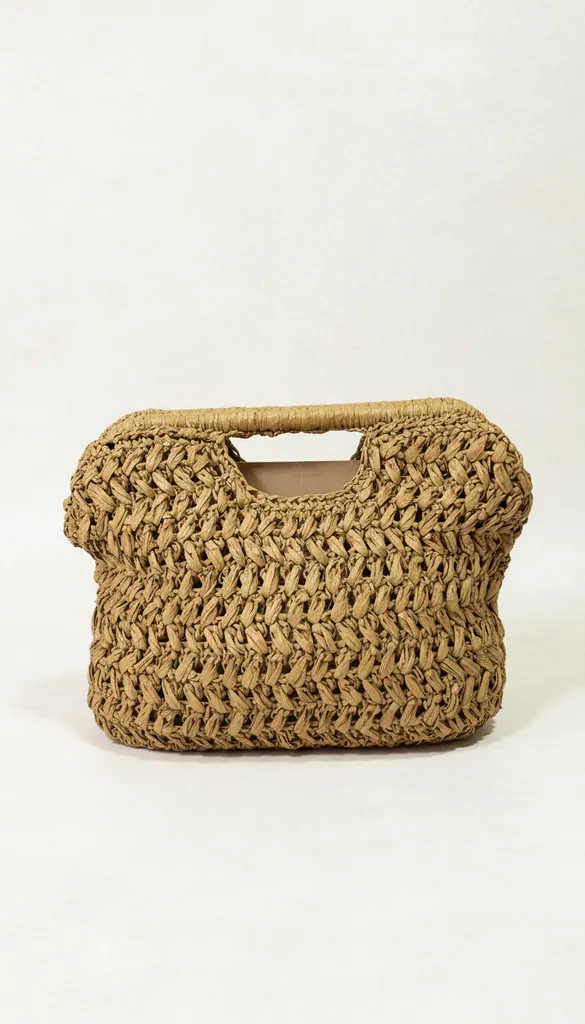 Kağıt İp Örgü Omuz Çantası - Açık Kahverengi El Yapımı
