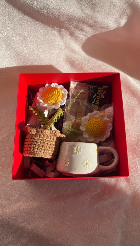 Kırmızı Hediye Kutusu İçeriği: Saksıda Papatya, Kupa ve Browni