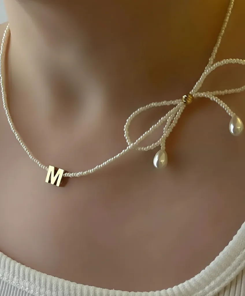 Pearl Detailed M Letter Bow Model Necklace - Elegant and Stylish Design