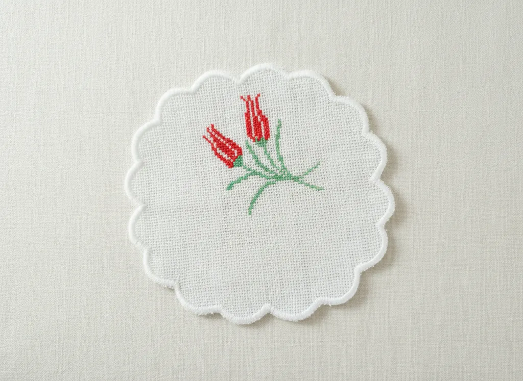 Beyaz Kanaviçe İşlemeli Lale Desenli Kahve Sunum Peçetesi - 6 Adet