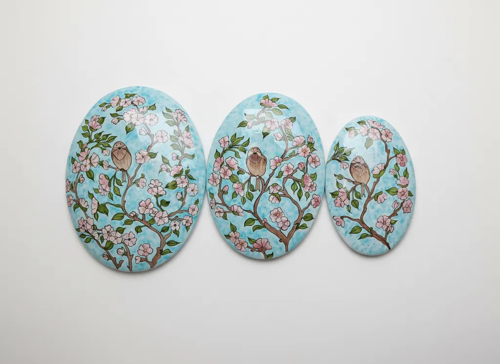 Turkuaz Zemin Kuş ve Bahar Dalı Motifli Üçlü İznik Çini Tabak Seti