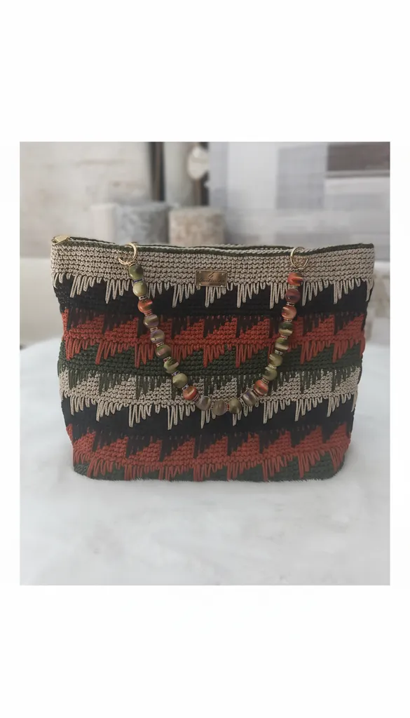 Multi-Colored Knitted Shoulder Bag - Beaded and Handmade