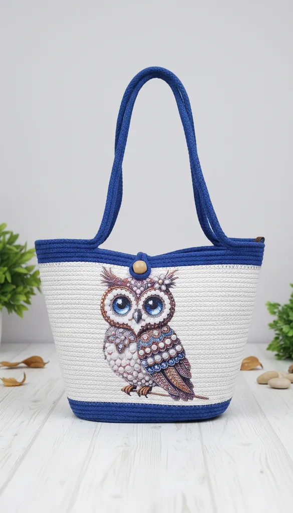 Baykuş Desenli Baskılı Jüt Çanta - Mavi Detaylı ve Ahşap Düğmeli