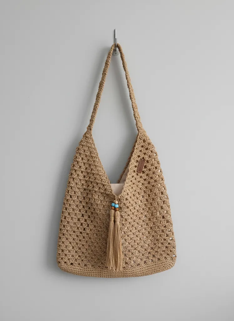 Kahverengi Kağıt İp Örgü Omuz Çantası - Astarlı ve Çıtçıtlı