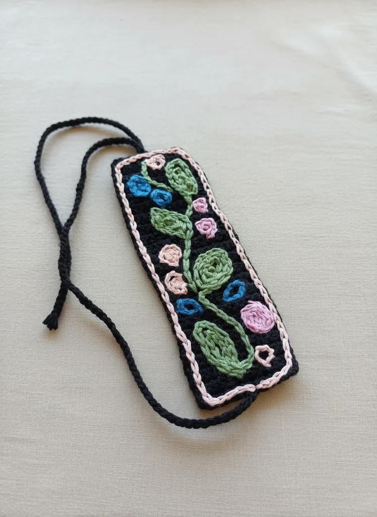 Black Hand Knitted Authentic Bracelet - Flower Embroidered and Adjustable