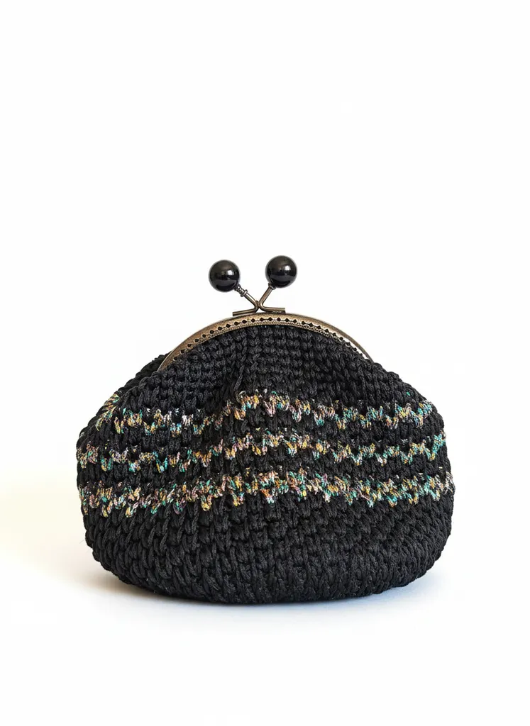 Siyah Makrome İpli Klipsli Mini Çanta - El Emeği Örgü Detaylı