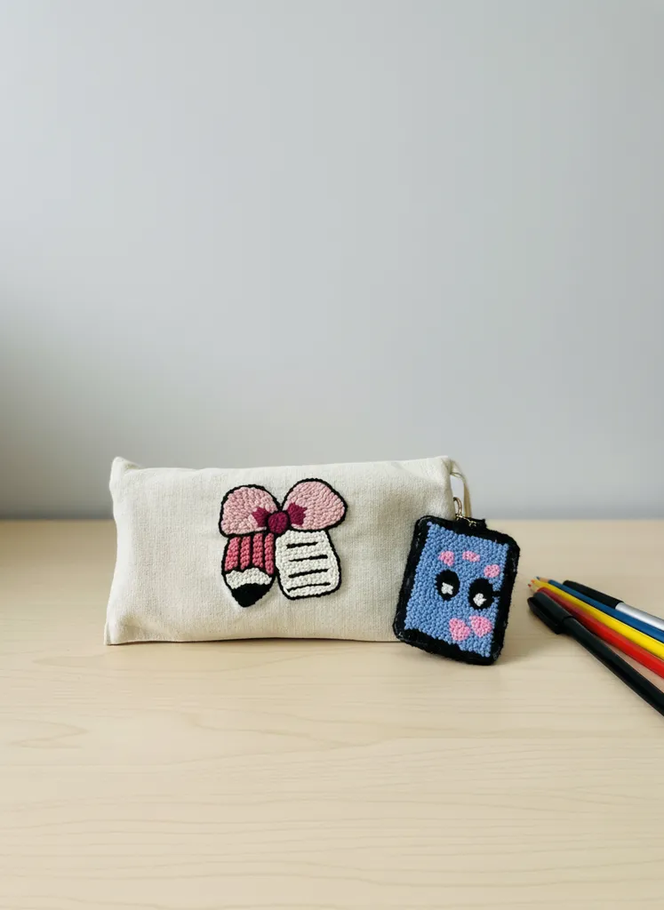 Punch Nakışlı Bez Kalemlik - Kurdele ve Kalem Desenli - El Yapımı