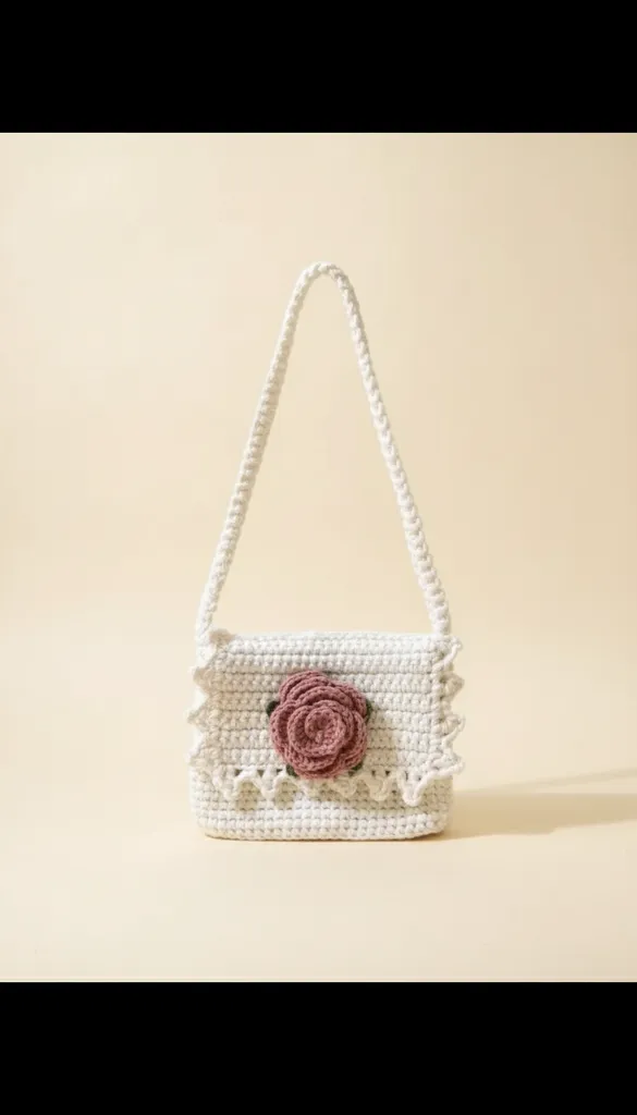 Örgü Beyaz Kız Çocuk Çantası - Gül Detaylı, El Emeği Omuz Çantası