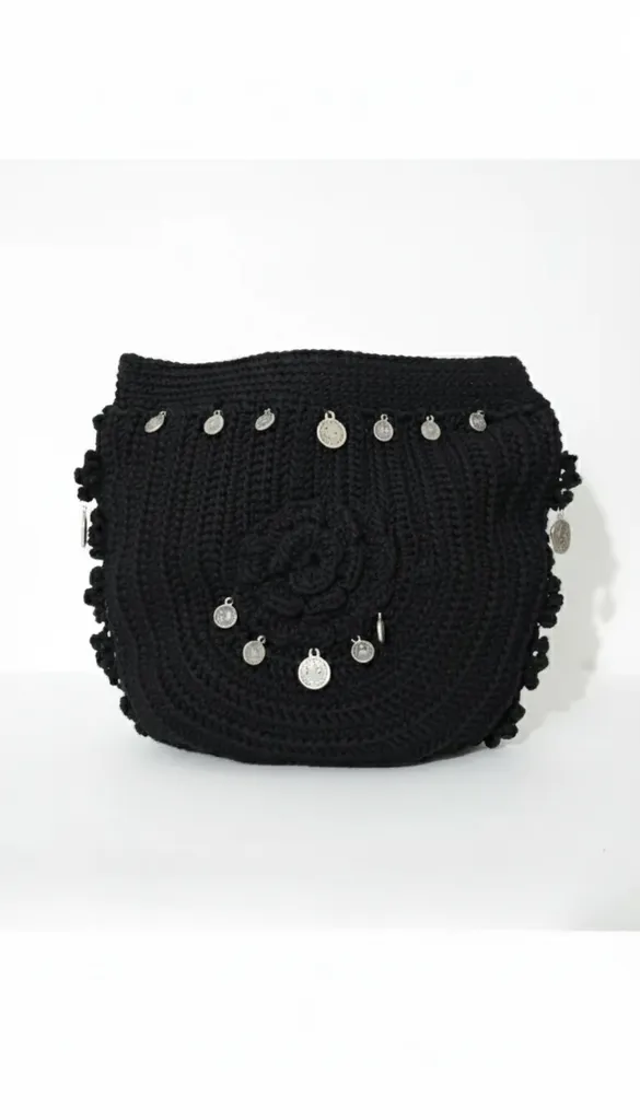 Siyah Örme Kol Çantası Gümüş Detaylı - Otantik El Yapımı