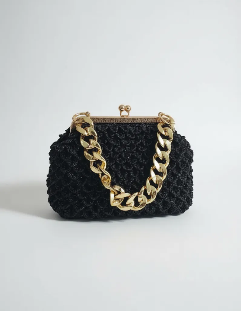 Siyah Timsah Sırtı Model Örgü Çanta - Altın Zincirli ve El Yapımı