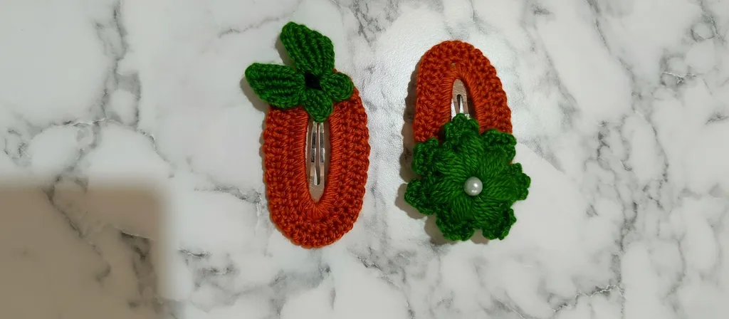 Orange and Green Knitted Hair Clip Set - Christmas Themed