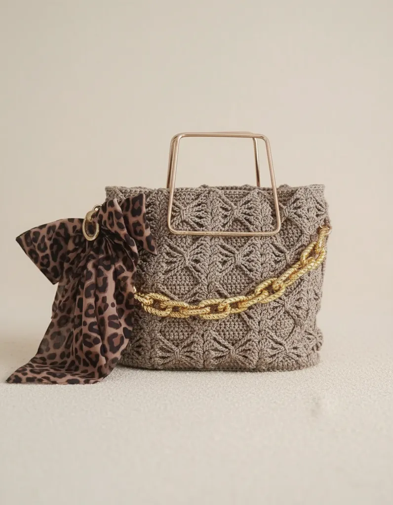 Gray Color Macrame Knitted Bag - Bow Detailed and Chain Accessory