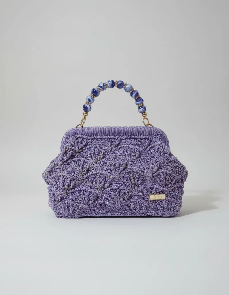 Mor Örgü Yelpaze Desenli Boncuklu Saplı Burslu Çanta - El Emeği
