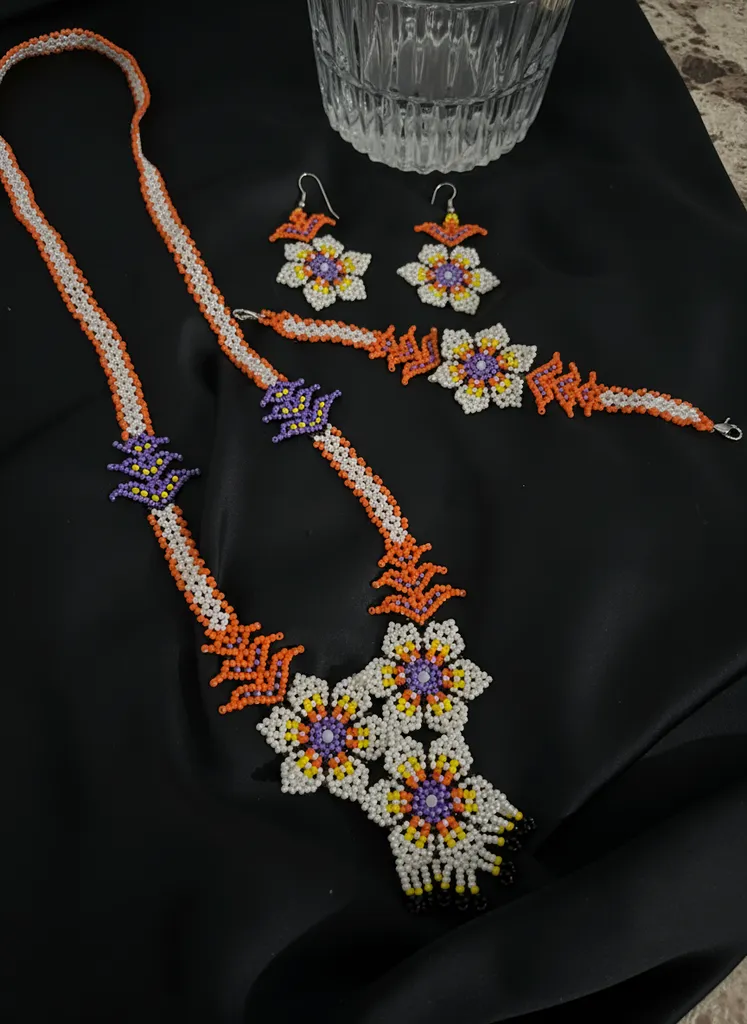 Miyuki Boncuk Dokuma Çiçek Desenli Kolye Bileklik Küpe Takımı
