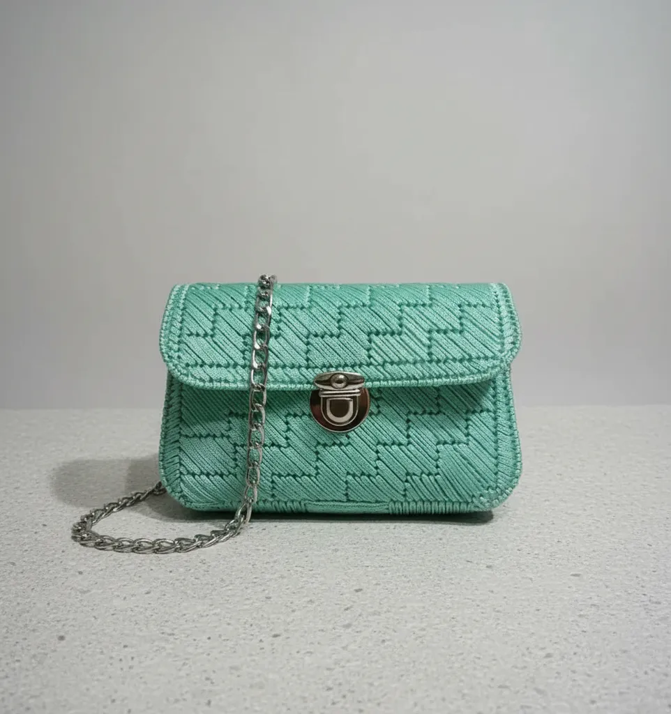 Yeşil Örgü Omuz Çantası - Zincir Askılı, Orta Boy, Zigzag Desenli