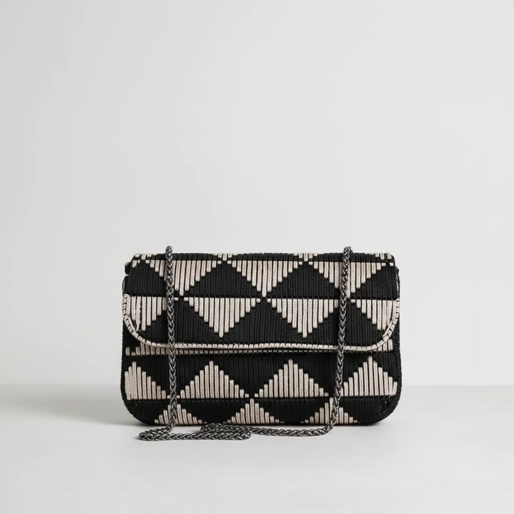 Black White Macrame Two-Color Bag - Triangular Patterned and Chain Strap