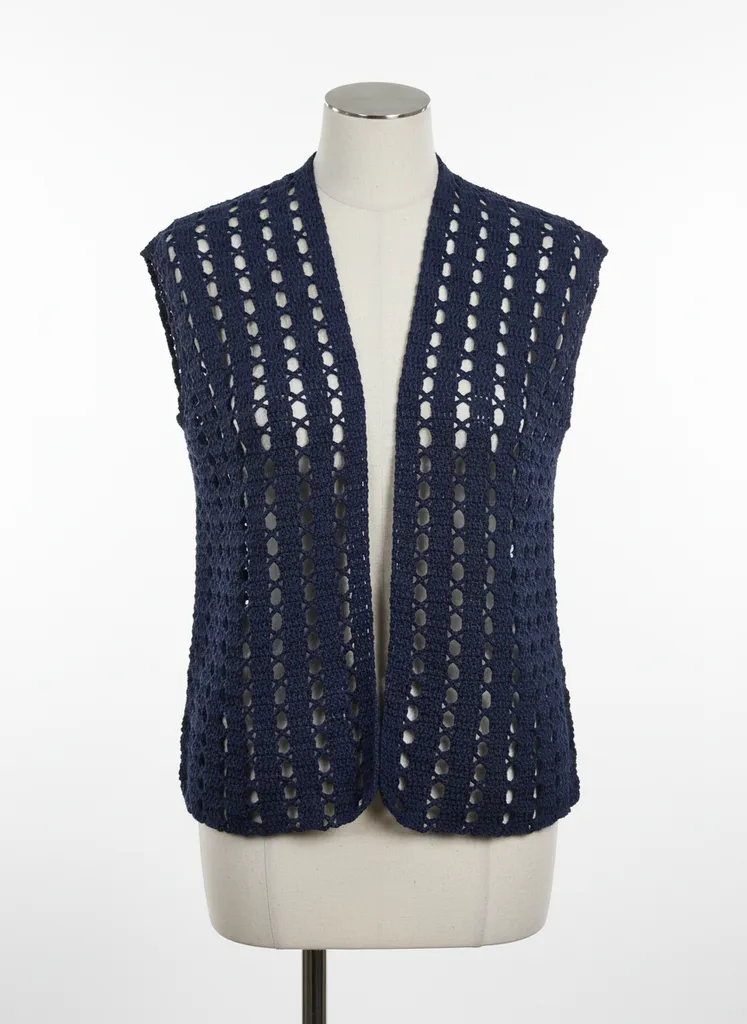 Navy Blue Knitted Vest with Openwork Pattern from Cotton Yarn - Suitable for Size 40-42 - Handmade