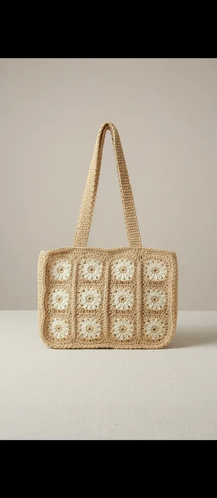 Bej Rengi Papatya Motifli Kağıt İp Örgü Astarlı Omuz Çanta