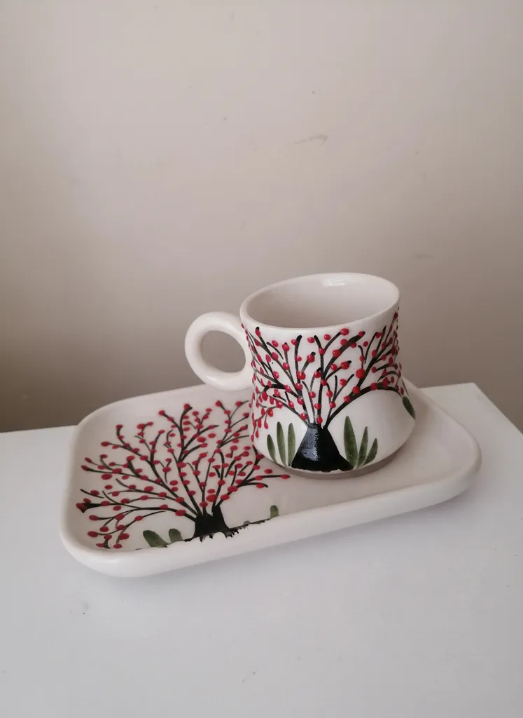 Seramik Kahve Fincanı ve Tabağı Seti - Hayat Ağacı Desenli