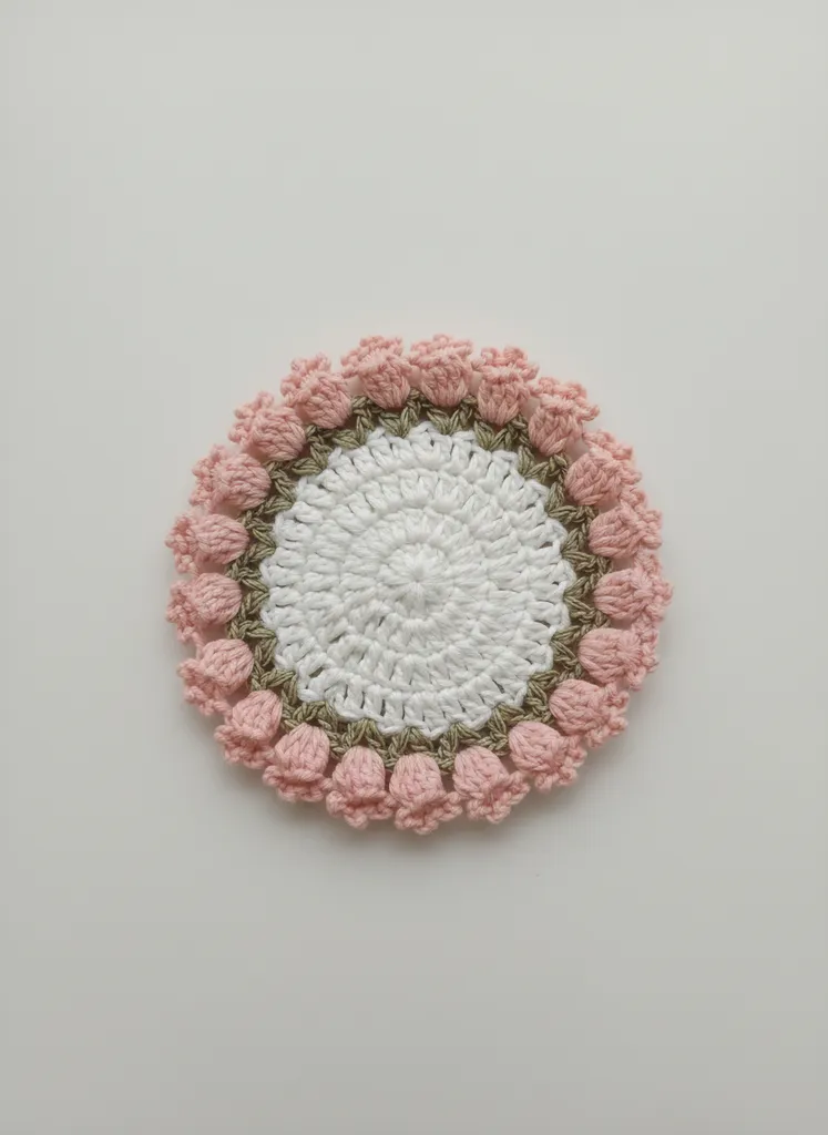 Örme Beyaz ve Yavruağzı Çiçekli Bardak Altlığı - El Emeği