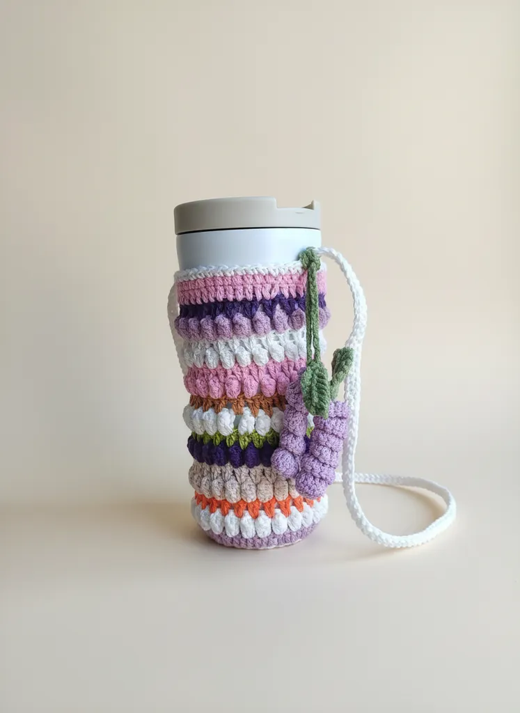 Colorful Knitted Thermos Sleeve and Carrying Strap - Lavender Charm Gift