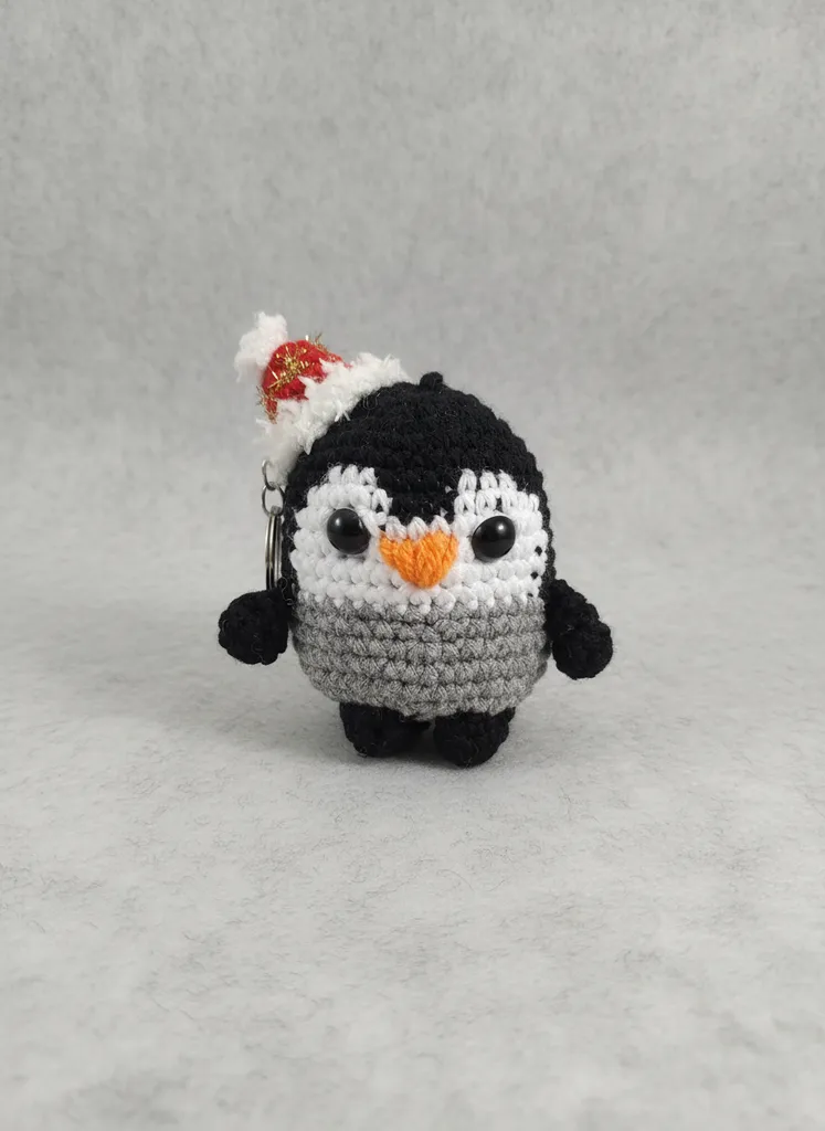 Amigurumi Knitted Penguin Christmas Keychain - Handmade Gift