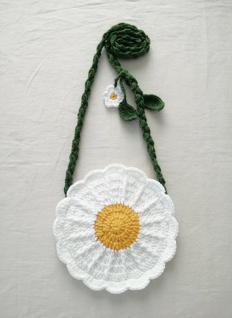 Örgü Papatya Desenli Kız Çocuk Omuz Çantası - El Emeği